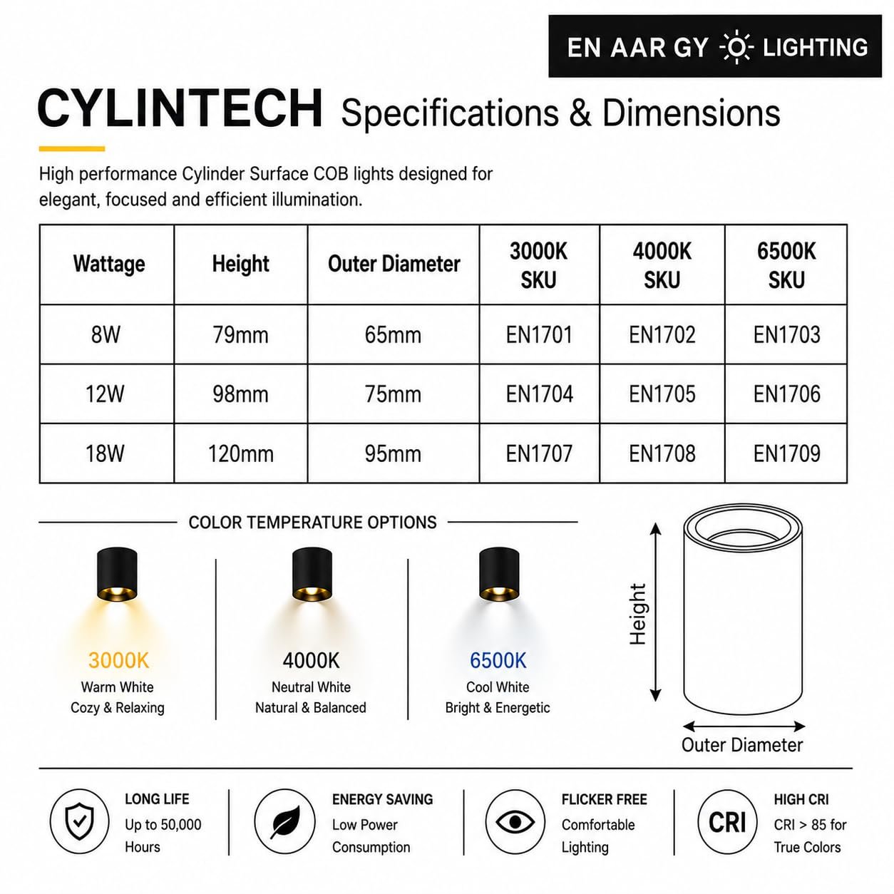 ENAARGY CYLINTECH Cylinder Surface COB LED Spotlight, Black, 3000K / 4000K / 5500K, Aluminium, Surface Mount, Modern Style - Image 5