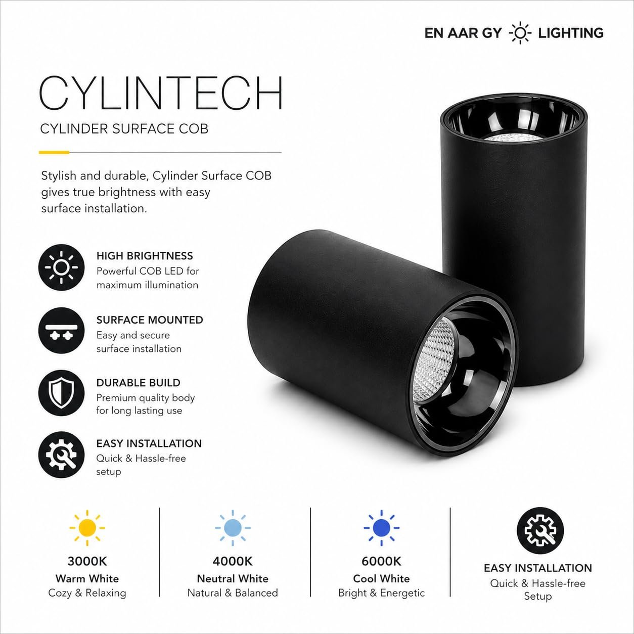 ENAARGY CYLINTECH Cylinder Surface COB LED Spotlight, Black, 3000K / 4000K / 5500K, Aluminium, Surface Mount, Modern Style - Image 3