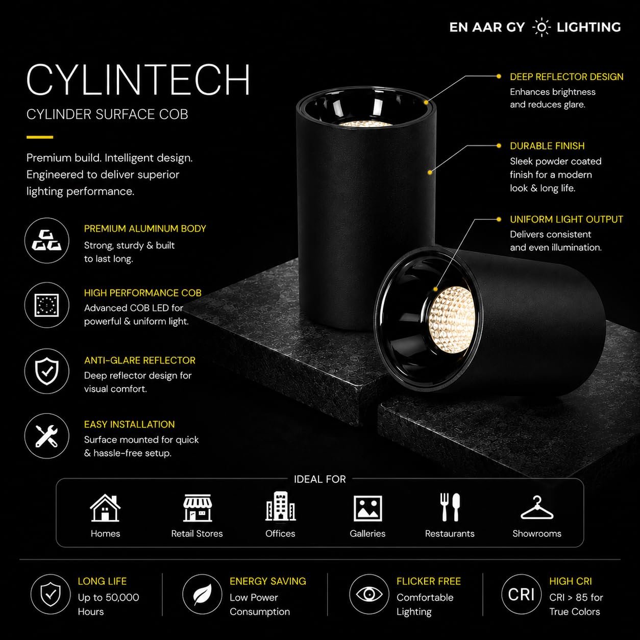 ENAARGY CYLINTECH Cylinder Surface COB LED Spotlight, Black, 3000K / 4000K / 5500K, Aluminium, Surface Mount, Modern Style - Image 2