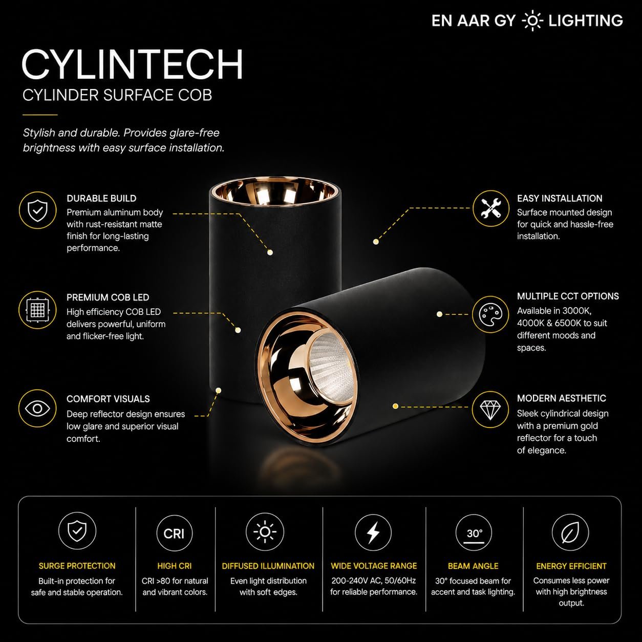 ENAARGY CYLINTECH Cylinder Surface COB LED Spotlight, Black, 3000K / 4000K / 5500K, Aluminium, Surface Mount, Modern Style - Image 6