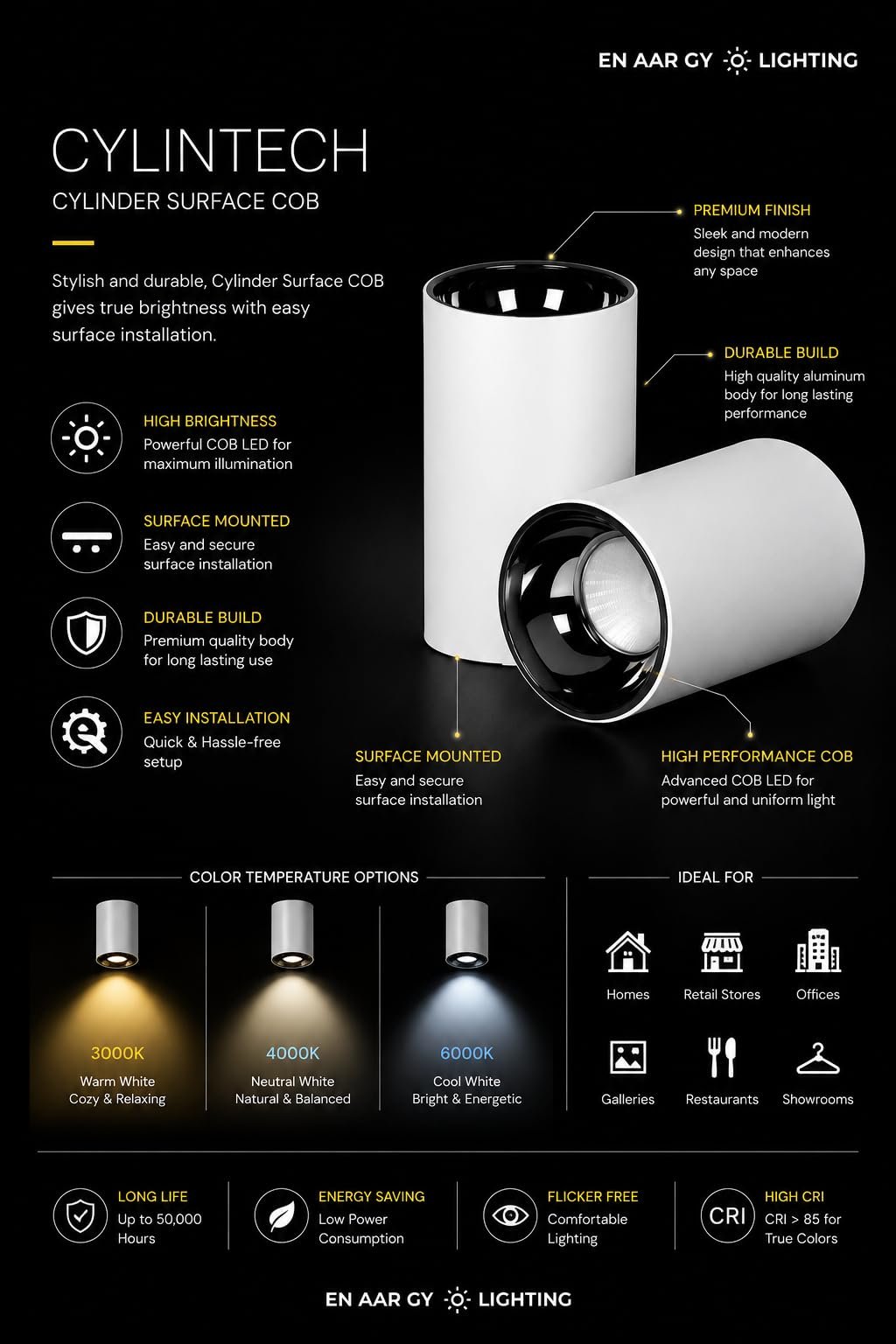 ENAARGY CYLINTECH Cylinder Surface COB LED Spotlight, Black, 3000K / 4000K / 5500K, Aluminium, Surface Mount, Modern Style - Image 10