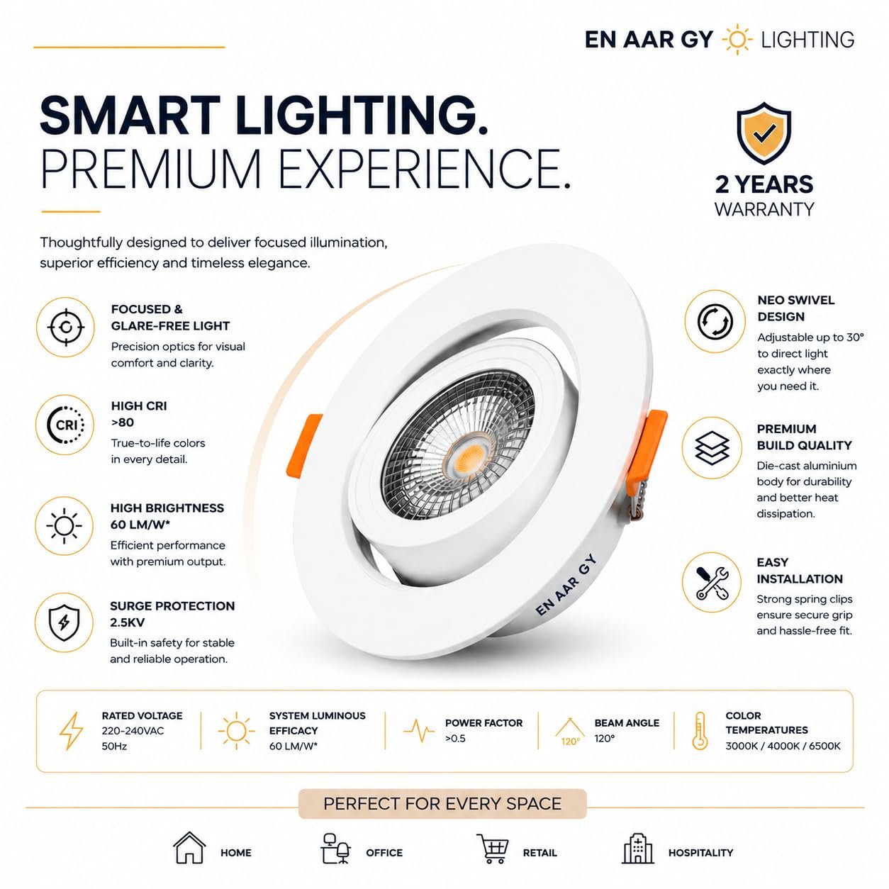 ENAARGY Nexa Shine COB LED Recessed Spotlight, Neo Swivel Design, High CRI, 3000K/4000K/6500K - Image 4