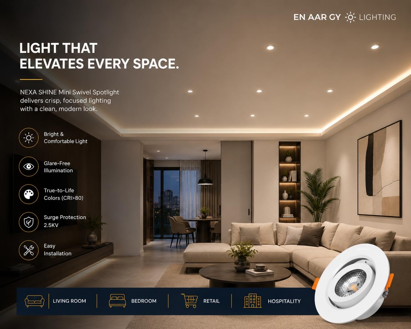 ENAARGY Nexa Shine COB LED Recessed Spotlight, Neo Swivel Design, High CRI, 3000K/4000K/6500K - Image 3