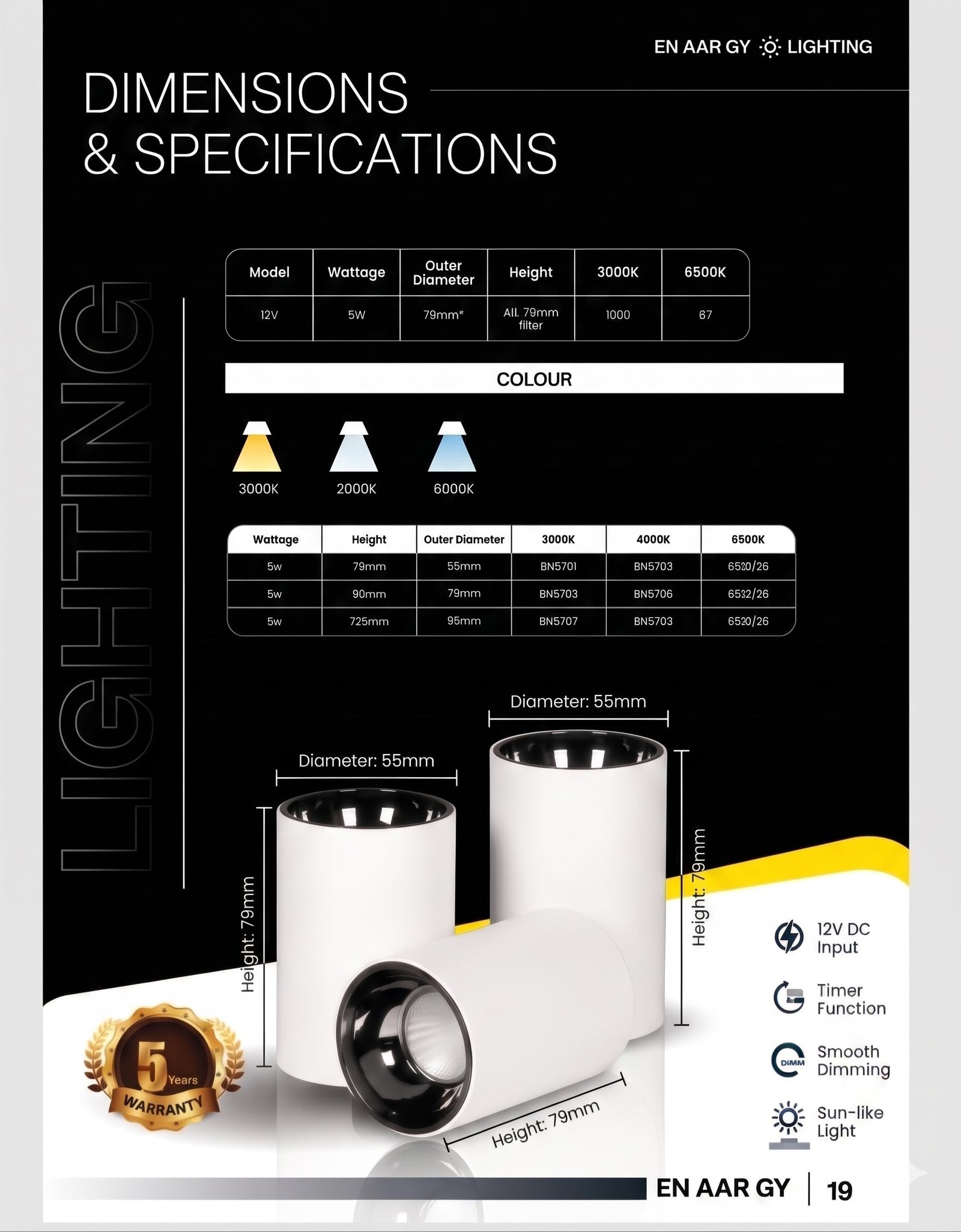 ENAARGY CYLINTECH Cylinder Surface COB LED Spotlight, Black, 3000K / 4000K / 5500K, Aluminium, Surface Mount, Modern Style - Image 11