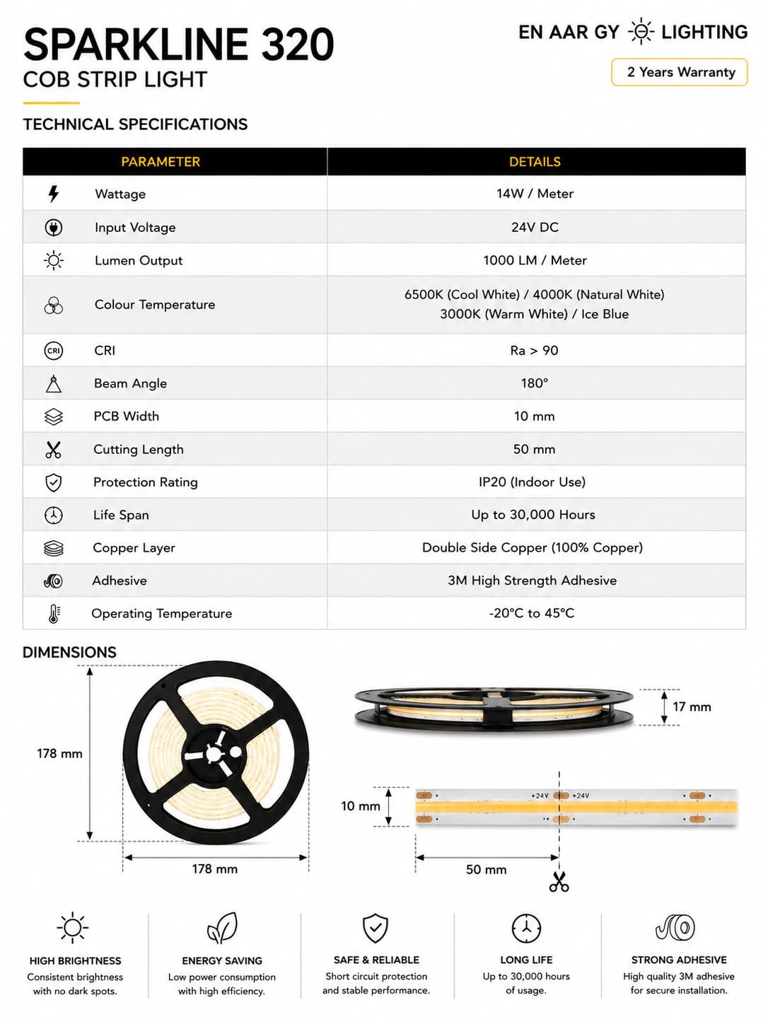 ENAARGY Sparkline 320 COB Strip Light, 24V DC, 320 LEDs/M, 5 Meter, Indoor, Dot-Free Seamless Lighting, IP20 - Image 4