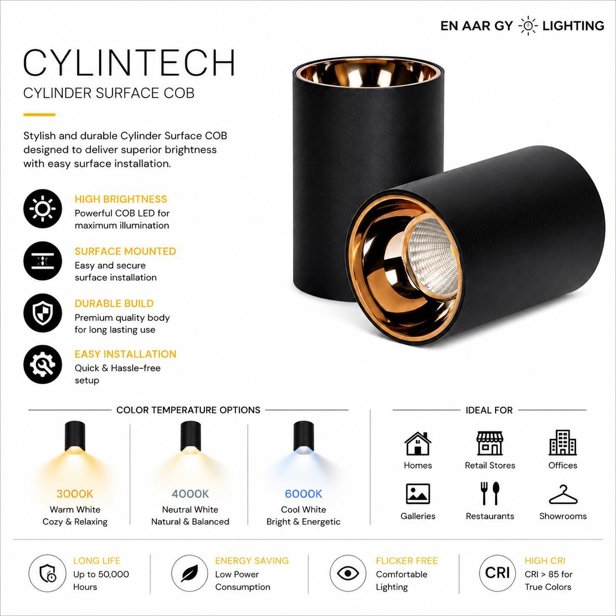 ENAARGY CYLINTECH Cylinder Surface COB LED Spotlight, Black, 3000K / 4000K / 5500K, Aluminium, Surface Mount, Modern Style - Image 7