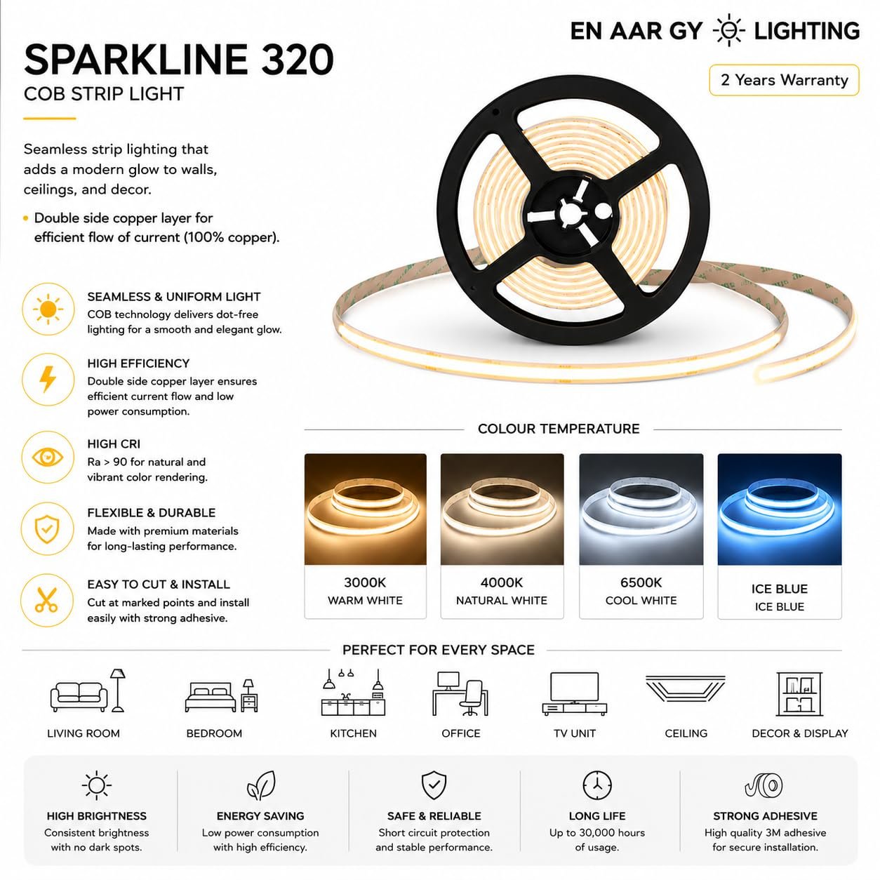 ENAARGY Sparkline 320 COB Strip Light, 24V DC, 320 LEDs/M, 5 Meter, Indoor, Dot-Free Seamless Lighting, IP20 - Image 2