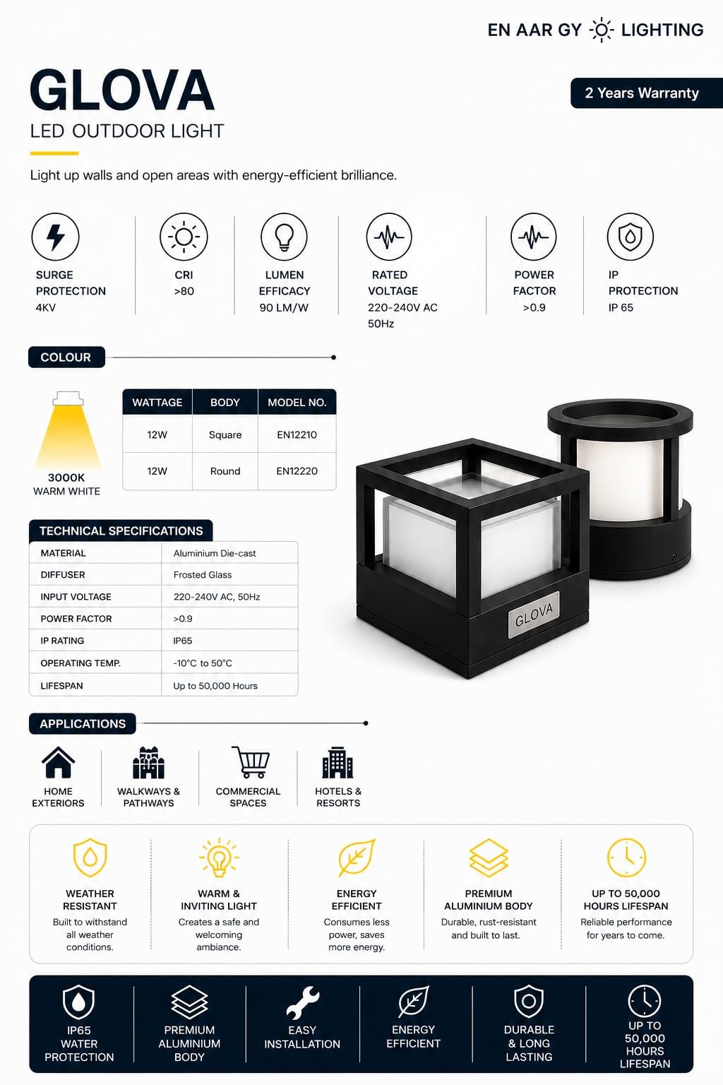 ENAARGY Glova LED Outdoor Light, IP65, Triple-Frosted Tempered Glass (12, Watts, Round) - Image 2