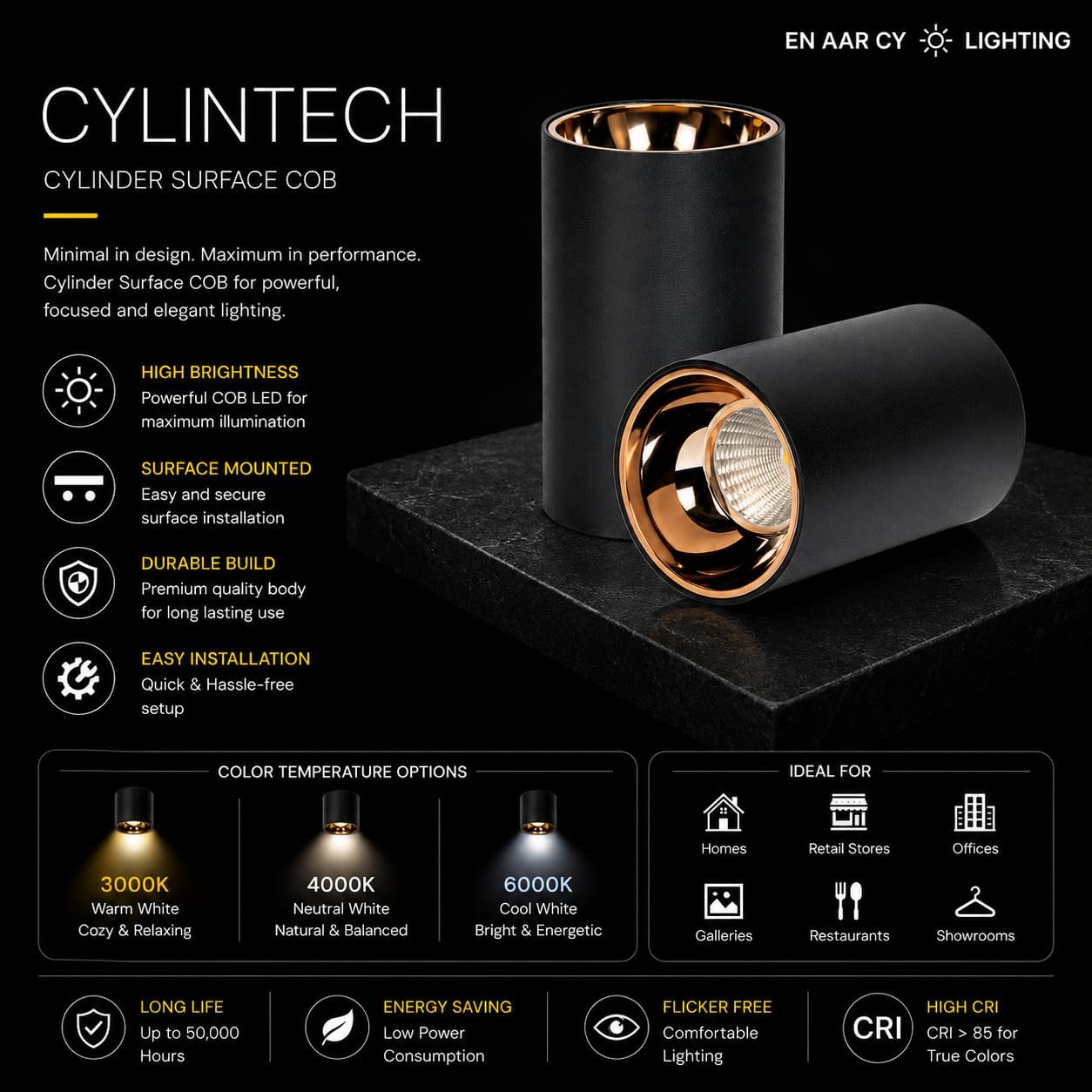 ENAARGY CYLINTECH Cylinder Surface COB LED Spotlight, Black, 3000K / 4000K / 5500K, Aluminium, Surface Mount, Modern Style - Image 9