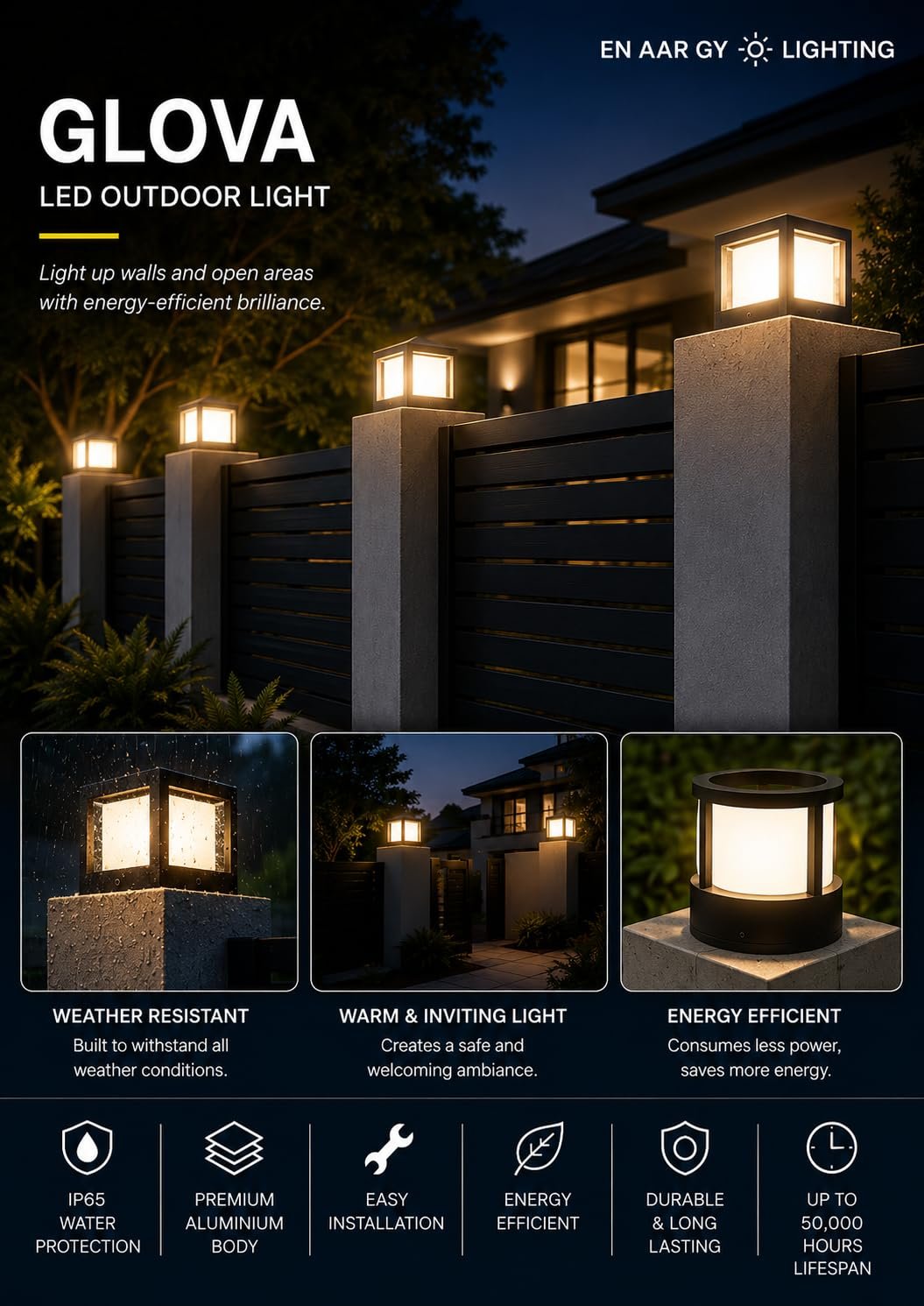 ENAARGY Glova LED Outdoor Light, IP65, Triple-Frosted Tempered Glass (12, Watts, Round) - Image 4