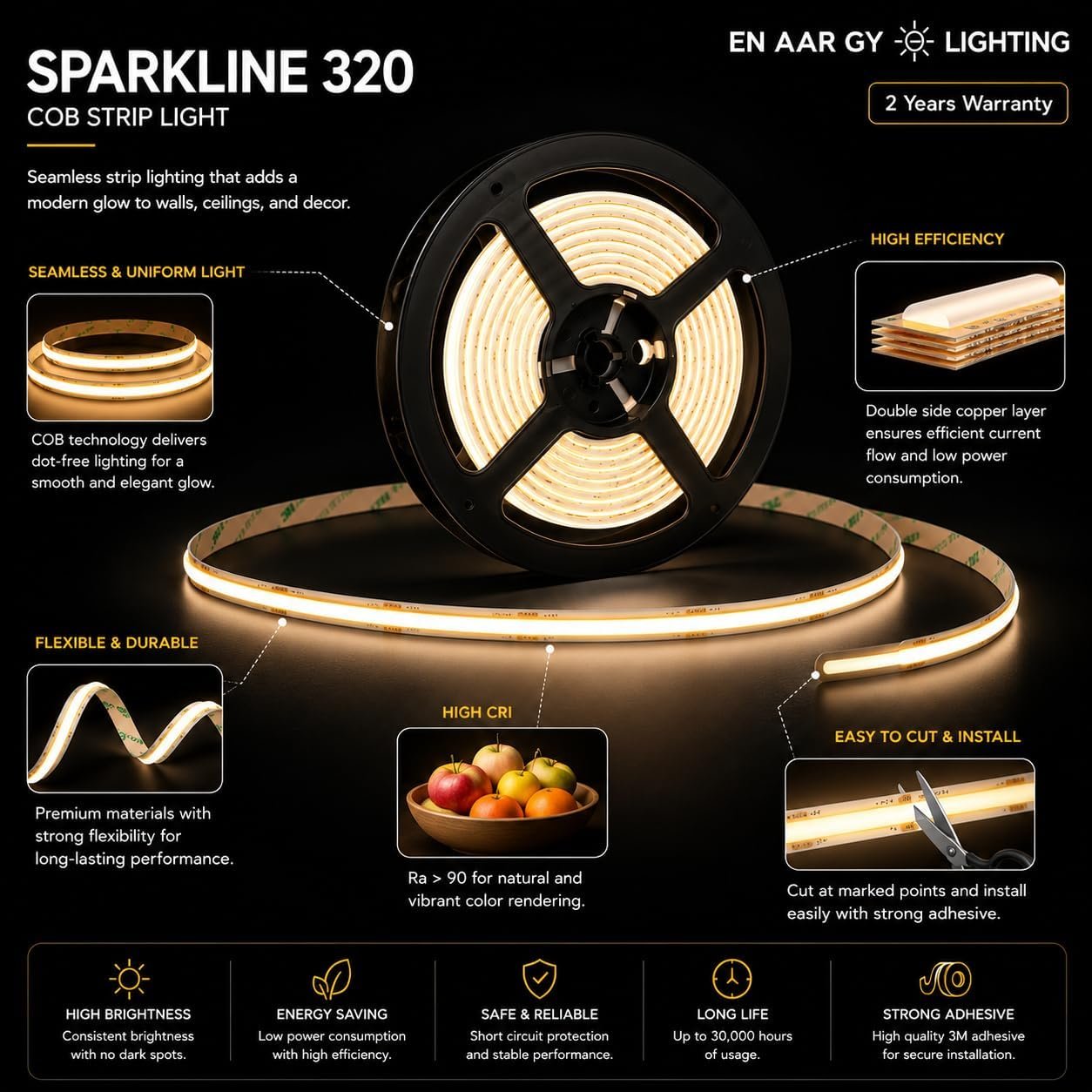 ENAARGY Sparkline 320 COB Strip Light, 24V DC, 320 LEDs/M, 5 Meter, Indoor, Dot-Free Seamless Lighting, IP20 - Image 6