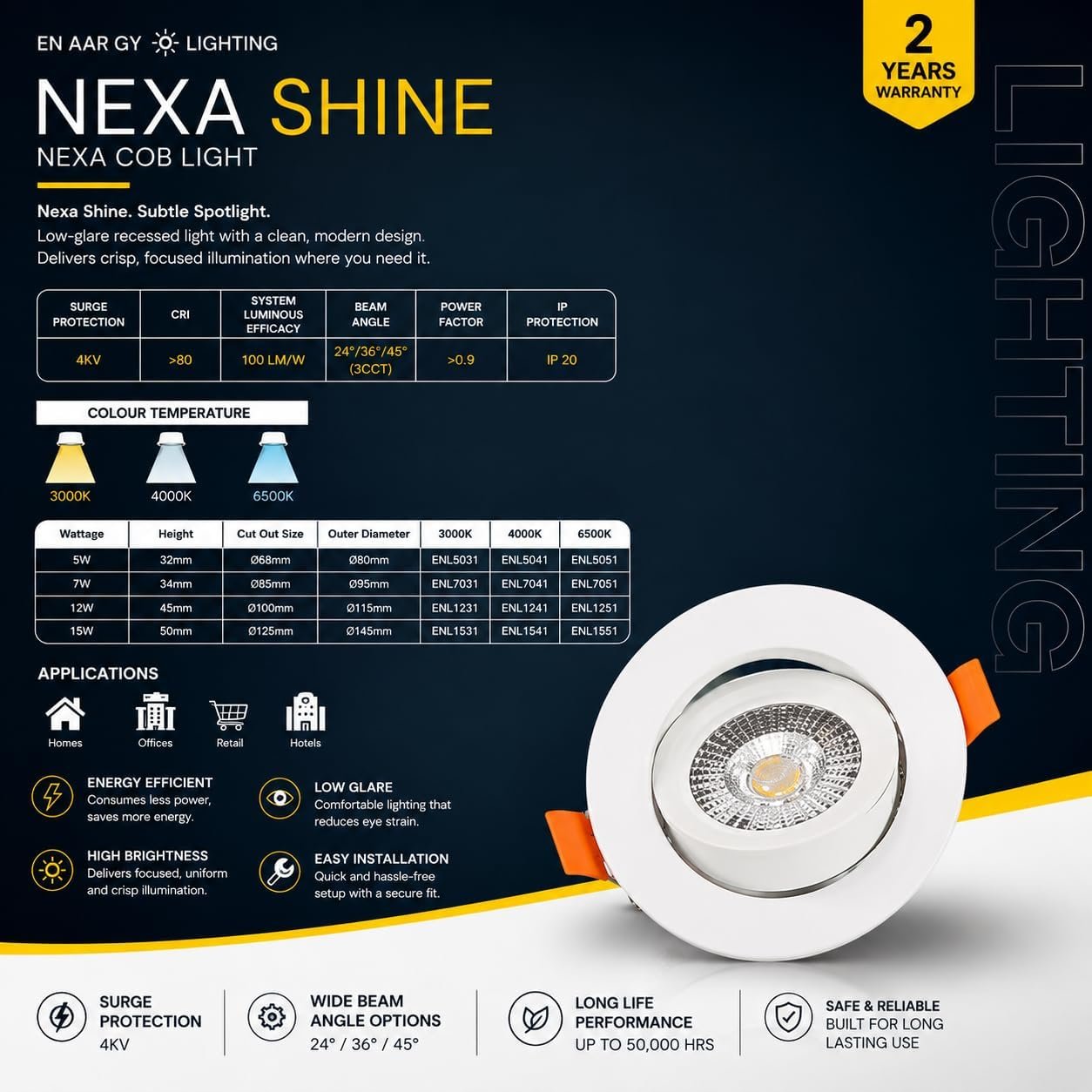 ENAARGY Nexa Shine COB LED Recessed Spotlight, Neo Swivel Design, High CRI, 3000K/4000K/6500K - Image 2